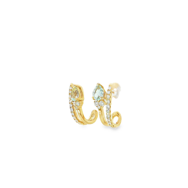 14k Yellow Gold Pear Aquamarine and Diamond J Hoop Earrings