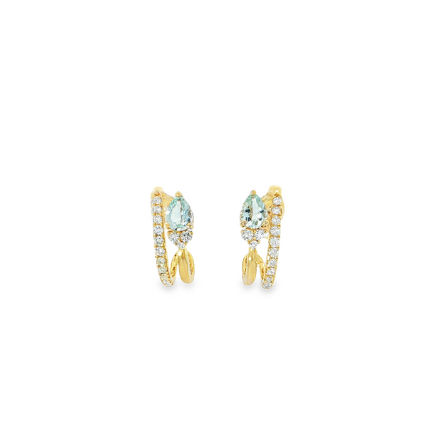 14k Yellow Gold Pear Aquamarine and Diamond J Hoop Earrings