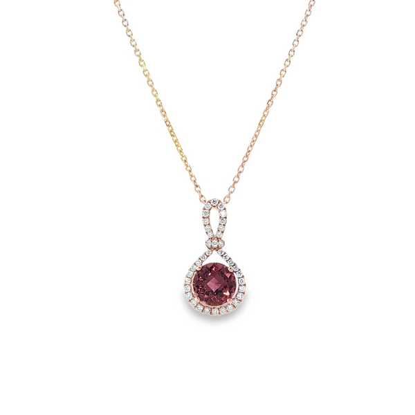 14k Rose Gold Pink Tourmaline and Diamond Ribbon Halo Pendant