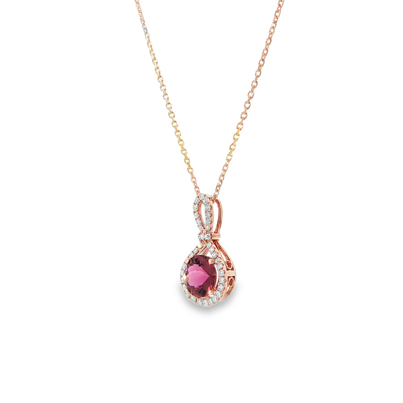 14k Rose Gold Pink Tourmaline and Diamond Ribbon Halo Pendant