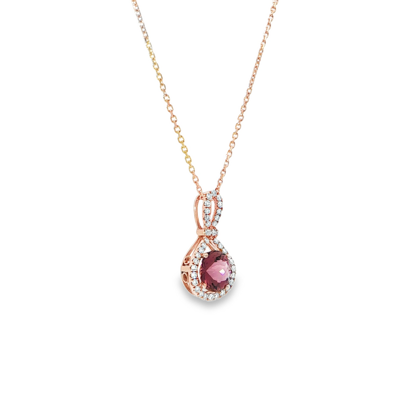 14k Rose Gold Pink Tourmaline and Diamond Ribbon Halo Pendant