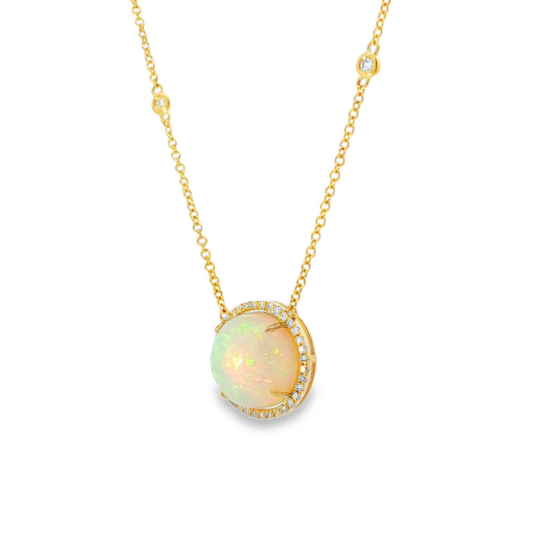 14k Yellow Gold Round Opal Halo Necklace