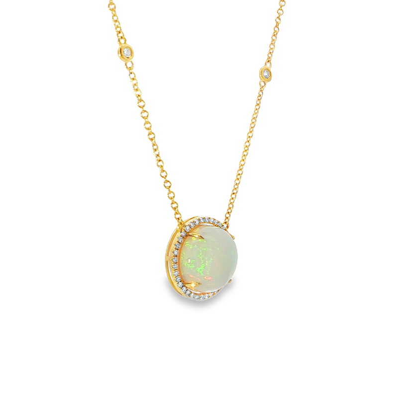 14k Yellow Gold Round Opal Halo Necklace