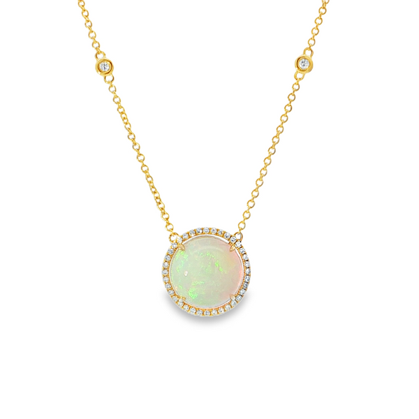 14k Yellow Gold Round Opal Halo Necklace