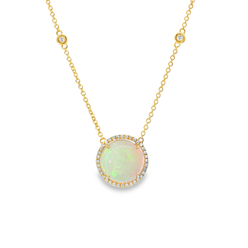 14k Yellow Gold Round Opal Halo Necklace