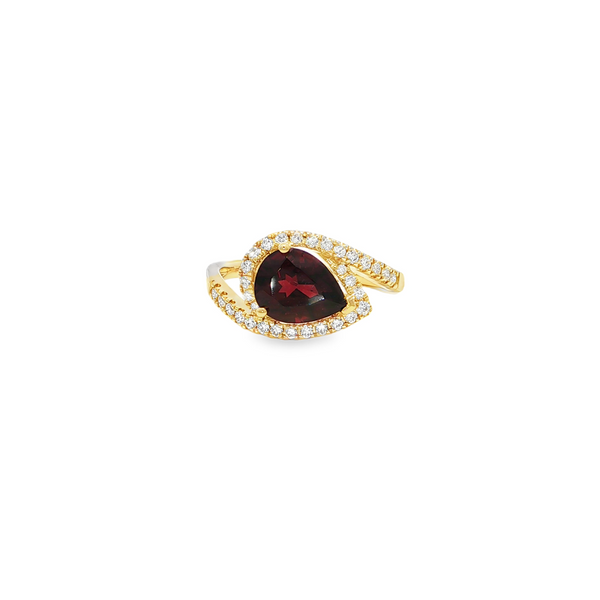 14KY Pear Garnet Bypass Style Ring with Diamonds