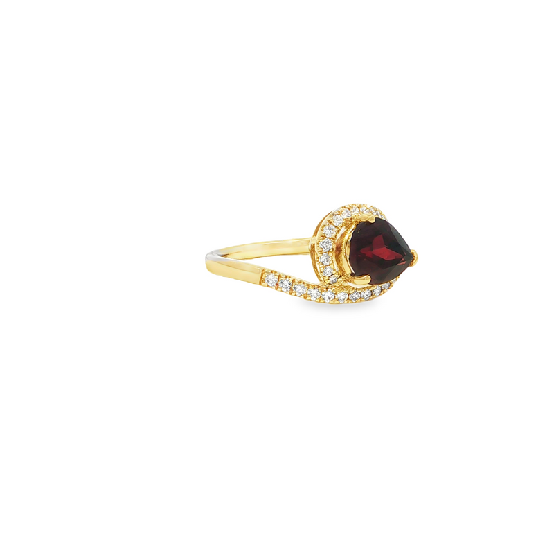 14KY Pear Garnet Bypass Style Ring with Diamonds