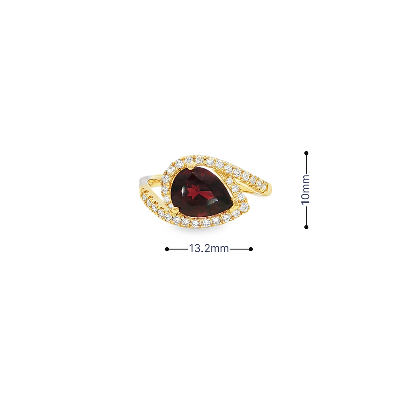 14KY Pear Garnet Bypass Style Ring with Diamonds