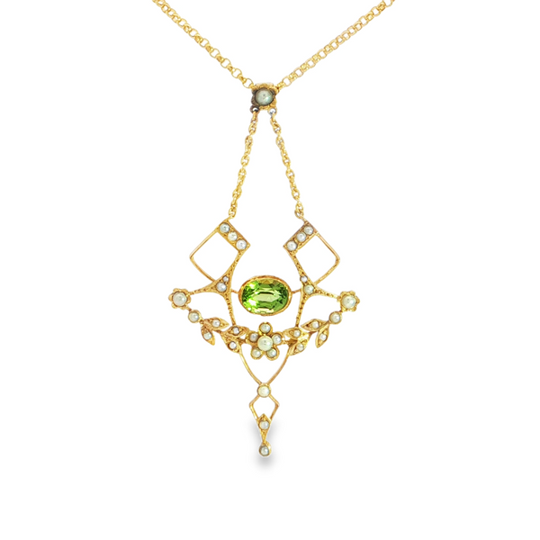 Estate 14KY Art Nouveau Peridot Lavalier Necklace with Seed Pearl Accents