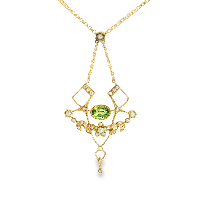 Estate 14KY Art Nouveau Peridot Lavalier Necklace with Seed Pearl Accents