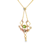 Estate 14KY Art Nouveau Peridot Lavalier Necklace with Seed Pearl Accents