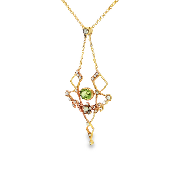Estate 14KY Art Nouveau Peridot Lavalier Necklace with Seed Pearl Accents