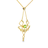 Estate 14KY Art Nouveau Peridot Lavalier Necklace with Seed Pearl Accents