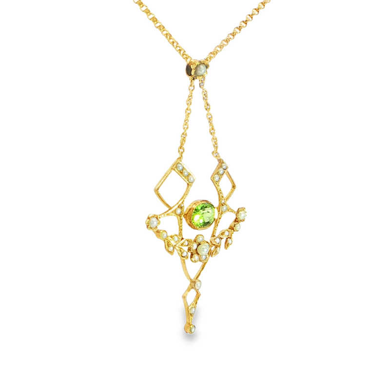 Estate 14KY Art Nouveau Peridot Lavalier Necklace with Seed Pearl Accents