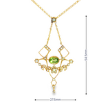 Estate 14KY Art Nouveau Peridot Lavalier Necklace with Seed Pearl Accents