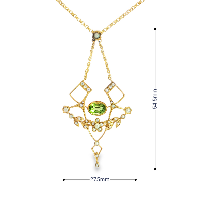 Estate 14KY Art Nouveau Peridot Lavalier Necklace with Seed Pearl Accents