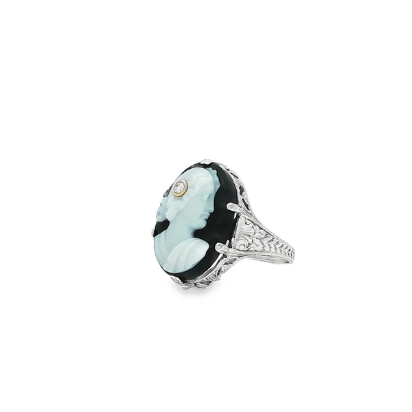 Estate 14k White Gold Filigree Ring with Diamond-Accented Stone Cameo
