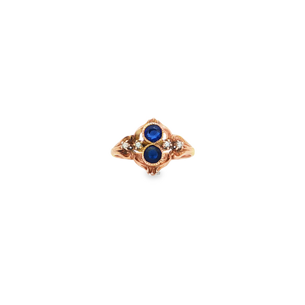 Estate 10k Yellow Gold Ring with Synthetic Blue Sapphires and Seed Pearl Accents