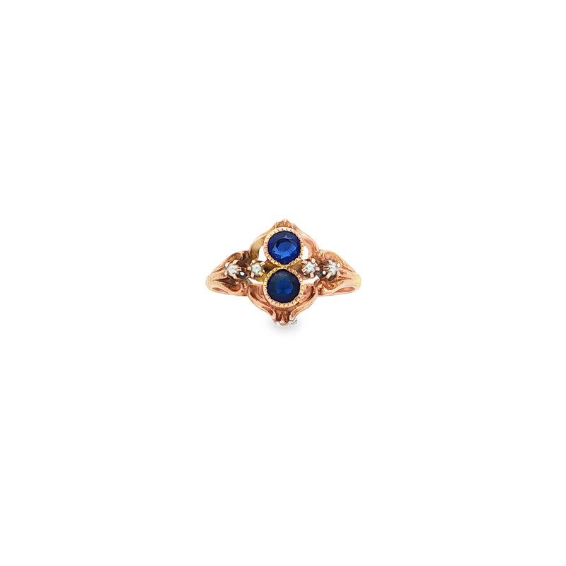 Estate 10k Yellow Gold Ring with Synthetic Blue Sapphires and Seed Pearl Accents
