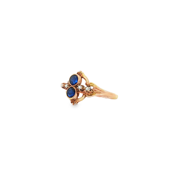 Estate 10k Yellow Gold Ring with Synthetic Blue Sapphires and Seed Pearl Accents