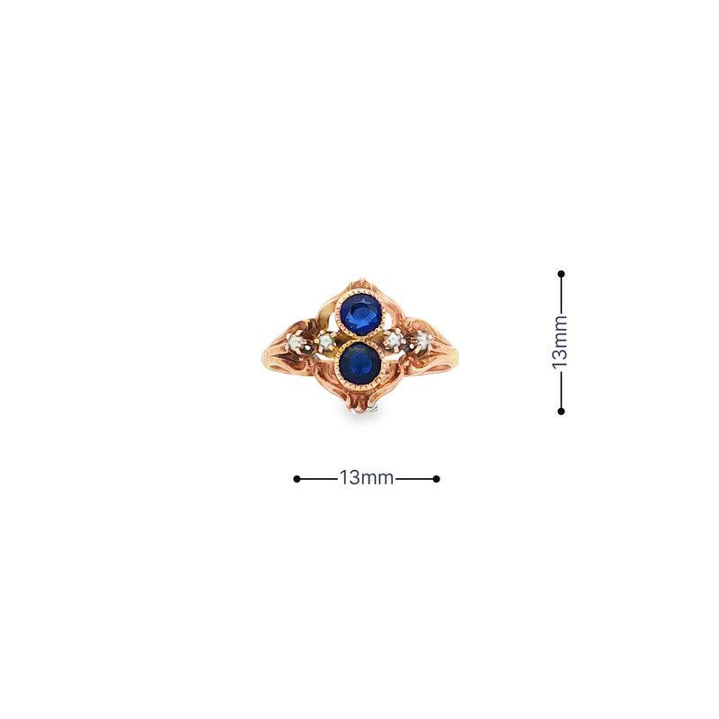 Estate 10k Yellow Gold Ring with Synthetic Blue Sapphires and Seed Pearl Accents