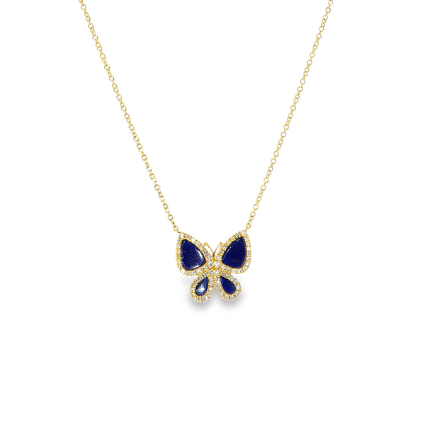 14k Yellow Gold Diamond and Lapis Butterfly Necklace