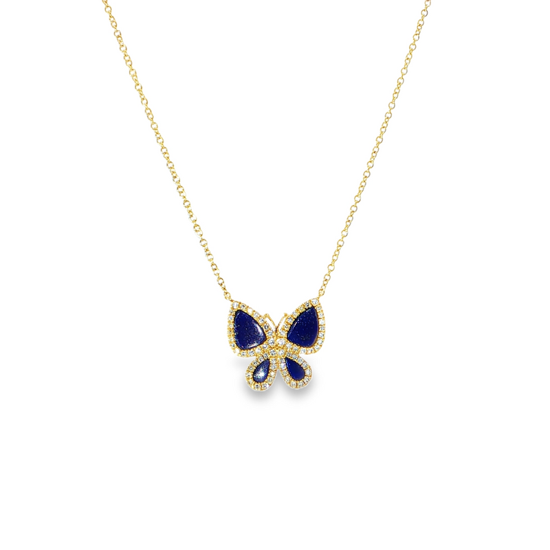 14k Yellow Gold Diamond and Lapis Butterfly Necklace