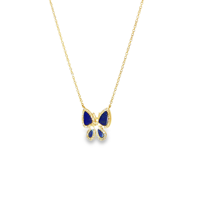 14k Yellow Gold Diamond and Lapis Butterfly Necklace
