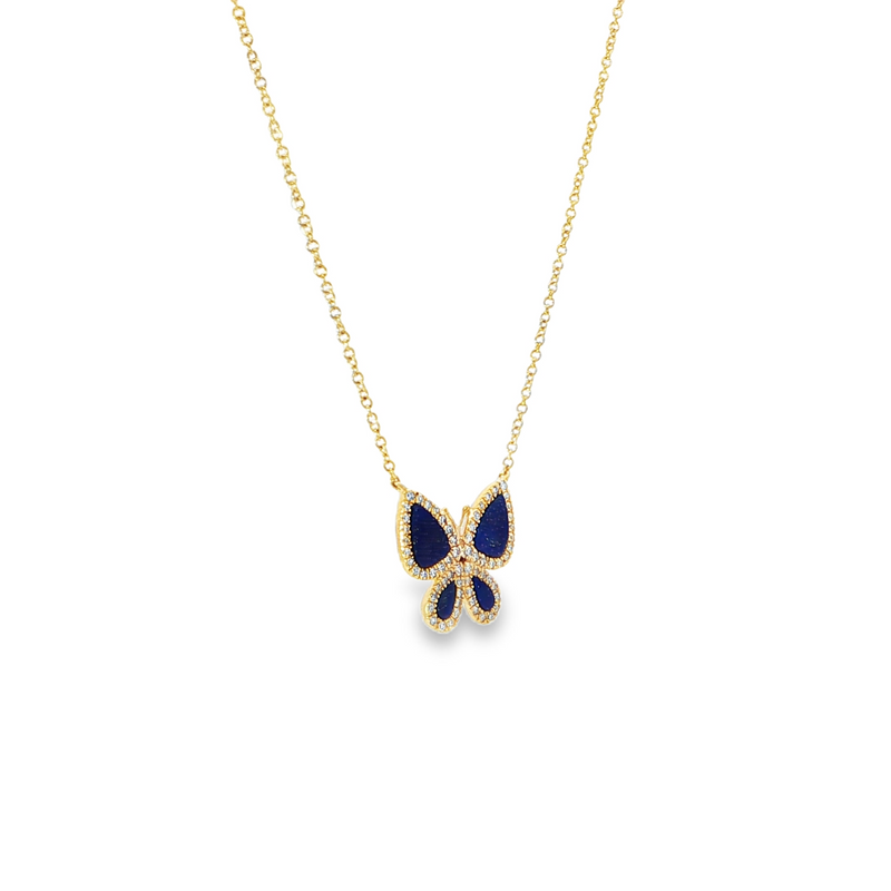 14k Yellow Gold Diamond and Lapis Butterfly Necklace