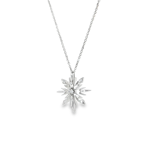 14k White Gold Diamond Snowflake Pendant Necklace