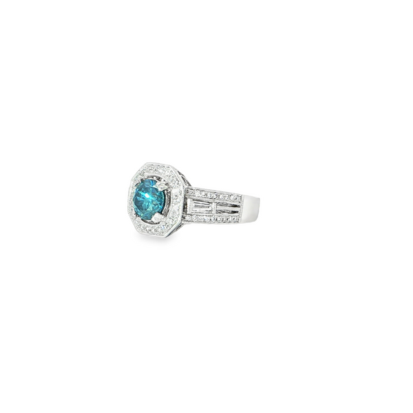 14k White Gold Blue Diamond Hexagonal Halo Ring