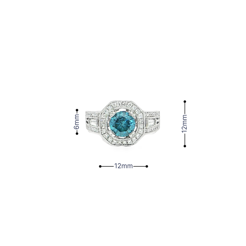 14k White Gold Blue Diamond Hexagonal Halo Ring