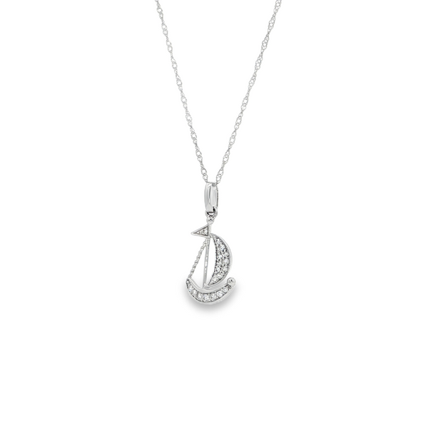 14k White Gold Diamond Sailboat Pendant Necklace
