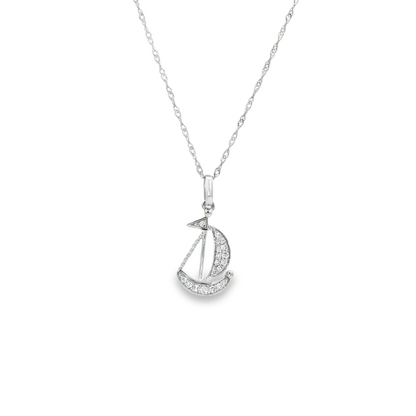 14k White Gold Diamond Sailboat Pendant Necklace