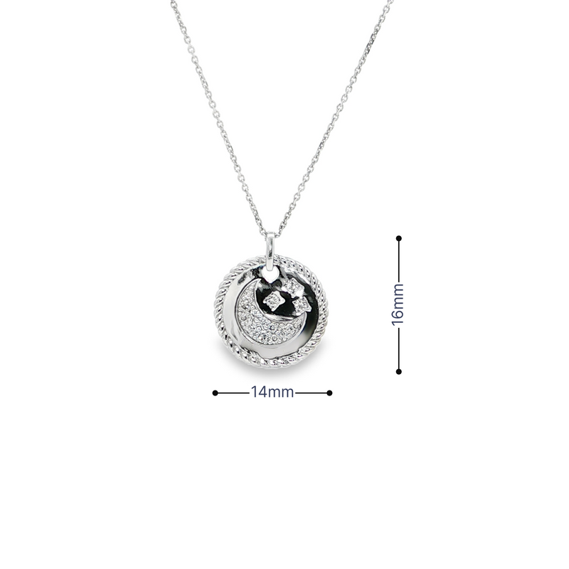 14k White Gold Moon & Stars Diamond Necklace