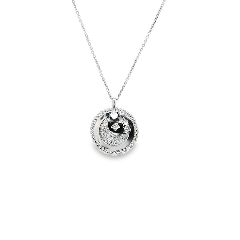 14k White Gold Moon & Stars Diamond Necklace