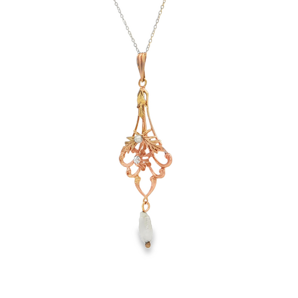 Estate 10k Yellow Gold Lavalier Necklace with Diamond and Pearl