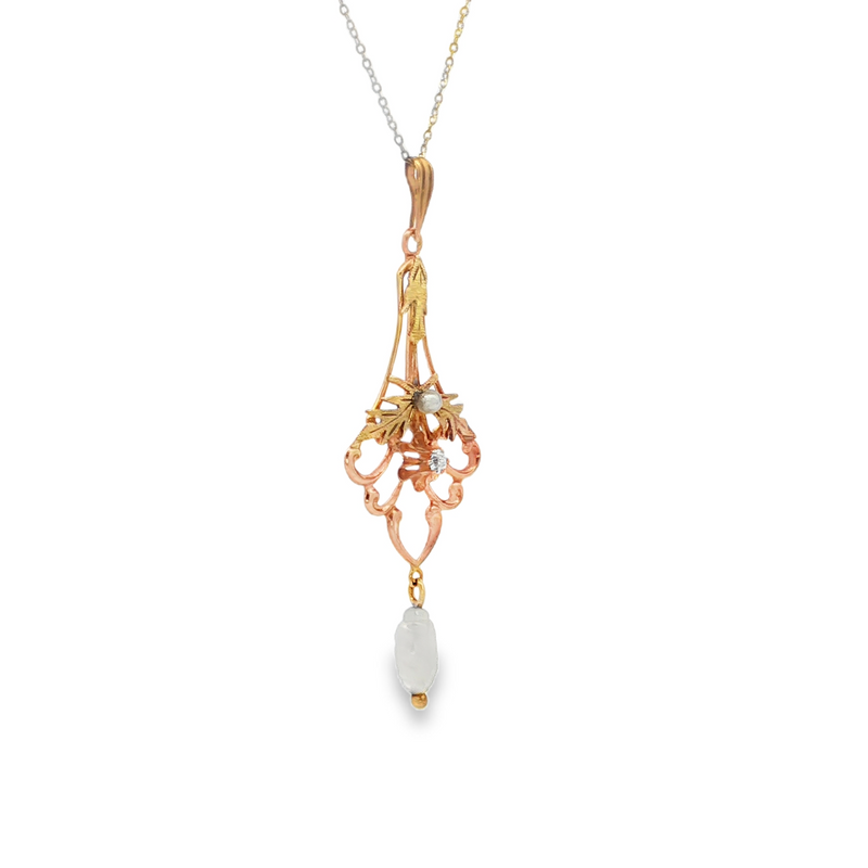 Estate 10k Yellow Gold Lavalier Necklace with Diamond and Pearl