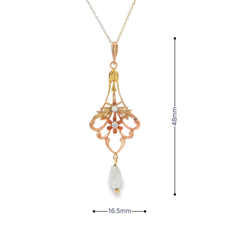 Estate 10k Yellow Gold Lavalier Necklace with Diamond and Pearl