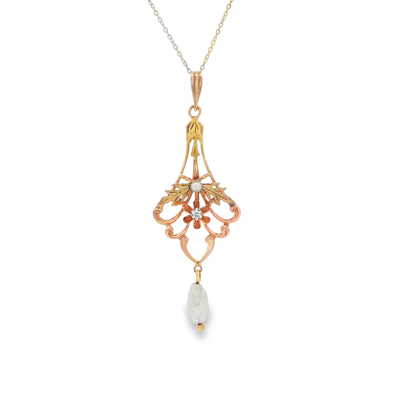 Estate 10k Yellow Gold Lavalier Necklace with Diamond and Pearl