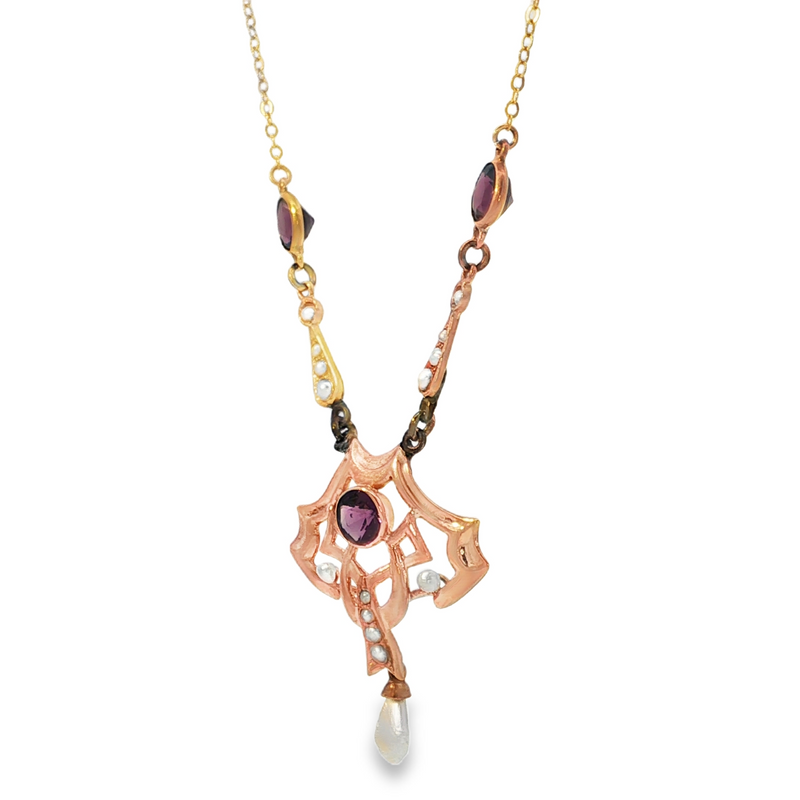 Estate 10k/14k Gold Art Nouveau Amethyst and Pearl Necklace