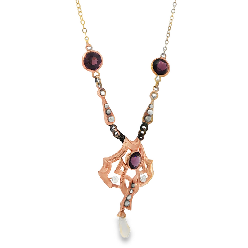 Estate 10k/14k Gold Art Nouveau Amethyst and Pearl Necklace