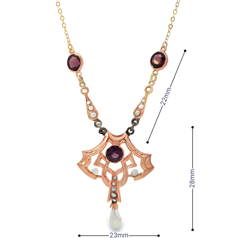 Estate 10k/14k Gold Art Nouveau Amethyst and Pearl Necklace