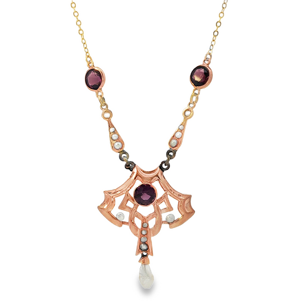 Estate 10k/14k Gold Art Nouveau Amethyst and Pearl Necklace