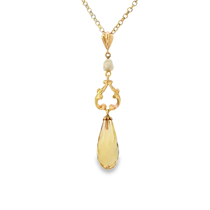 Estate 14k Yellow Gold Antique Lavalier Necklace with Baroque Pearl and Citrine Briolette
