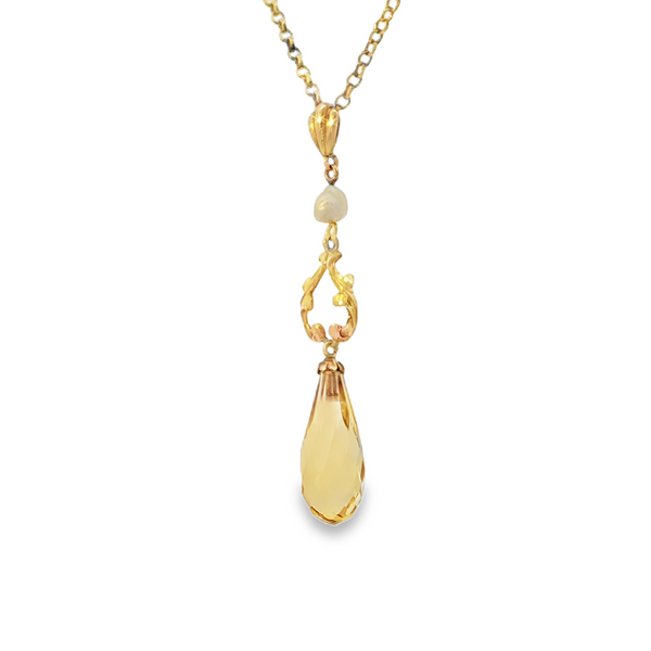Estate 14k Yellow Gold Antique Lavalier Necklace with Baroque Pearl and Citrine Briolette