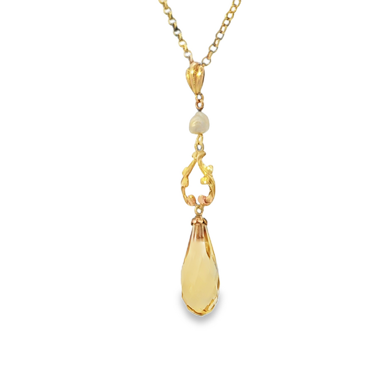 Estate 14k Yellow Gold Antique Lavalier Necklace with Baroque Pearl and Citrine Briolette