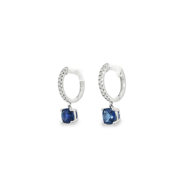 14k White Gold Diamond Hoop Earrings with Blue Sapphire Dangles