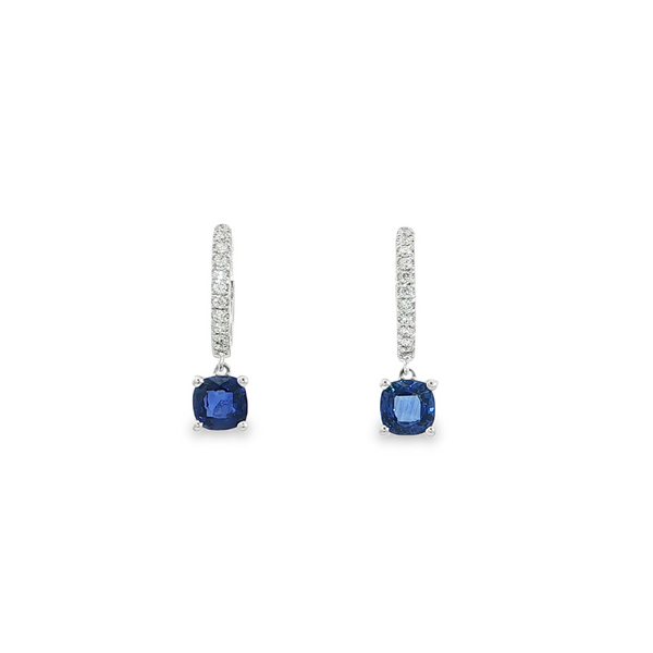 14k White Gold Diamond Hoop Earrings with Blue Sapphire Dangles