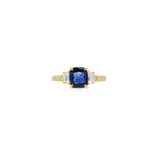 18k Yellow Gold Rectangular Cushion Cut Blue Sapphire and Diamond Ring